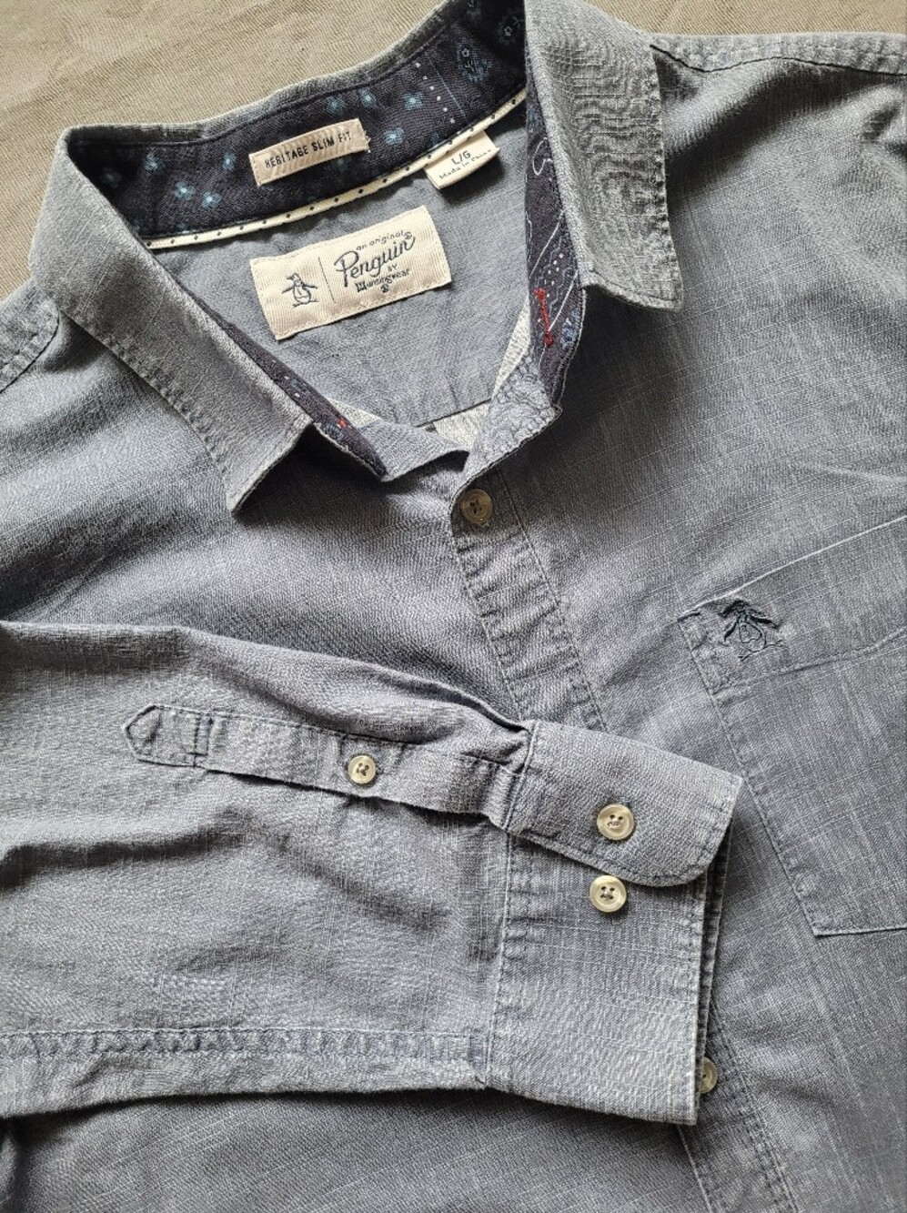 Original Penguin by Munsingwear Men's Large Heritage Slim Fit Blue-Gray Chambray
